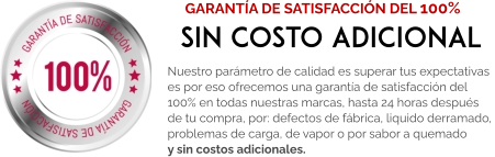 Nuestro parámetro de calidad es superar tus expectativas  es por eso ofrecemos una garantía de satisfacción del  100% en todas nuestras marcas, hasta 24 horas después  de tu compra, por: defectos de fábrica, liquido derramado,  problemas de carga, de vapor o por sabor a quemado y sin costos adicionales.  GARANTÍA DE SATISFACCIÓN DEL 100% SIN COSTO ADICIONAL